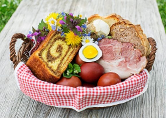 Easter,Traditional,Food,With,Ham,,Eggs,And,Bread,In,Basket.