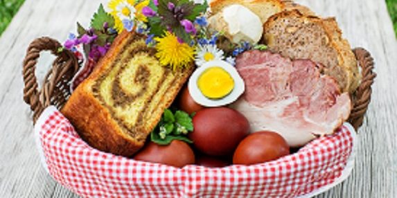 Easter,Traditional,Food,With,Ham,,Eggs,And,Bread,In,Basket.